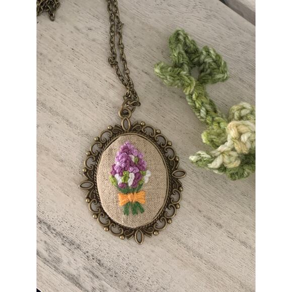 Lavender Bouquet Flower Embroidery Necklace, Handmade Pendant - Picture 6 of 7